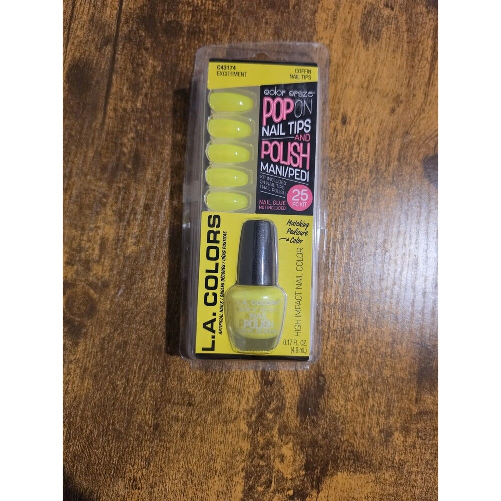 L.A. Colors Pop On Nail Tips and Polish, neon yellow, Mani/Pedi 25 pc kit C43174